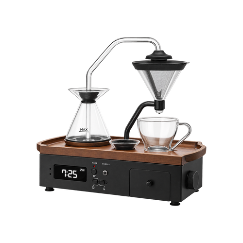 Barisieur™ Tea & Coffee Alarm Clock — Black; consistent elevated view, square transparent image