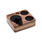 Normcore Compact Espresso Tamping Station — Walnut; consistent elevated view, square transparent image