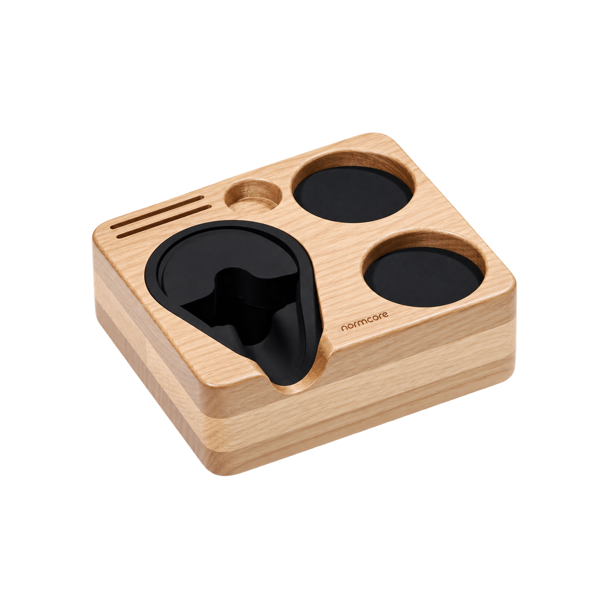 Normcore Compact Espresso Tamping Station — Oak; consistent elevated view, square transparent image