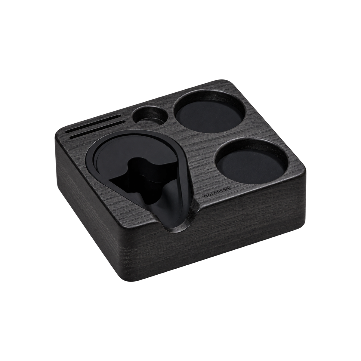Normcore Compact Espresso Tamping Station — Black Oak; consistent elevated view, square transparent image