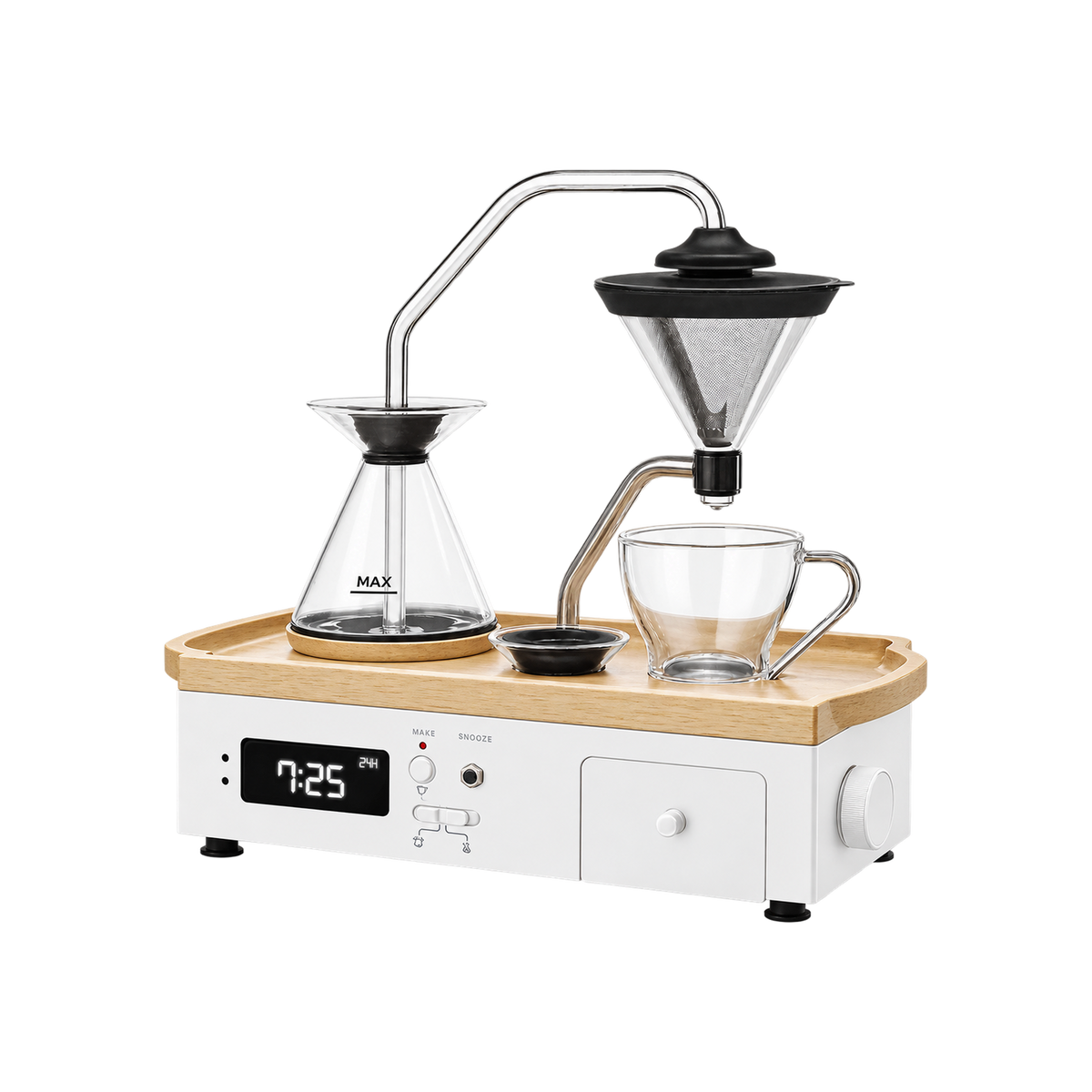Barisieur™ Tea & Coffee Alarm Clock — White; consistent elevated view, square transparent image