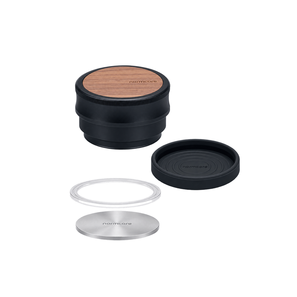 Normcore Palm Tamper with Adjustable Pressure — 58.5 mm With Flat Base; consistent elevated view, square transparent image