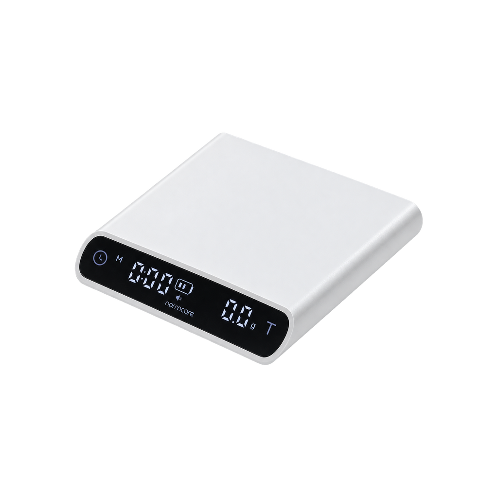 Normcore Pocket Coffee Scale V3 — White; consistent elevated view, square transparent image