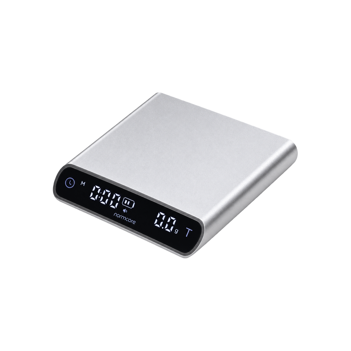 Normcore Pocket Coffee Scale V3 — Silver; consistent elevated view, square transparent image