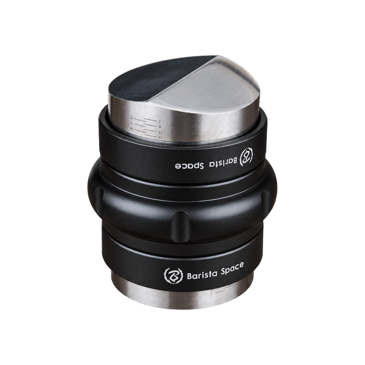 Barista Space 2-In-1 58mm Coffee Tamper Distribution Tool — Black; consistent elevated view, square transparent image