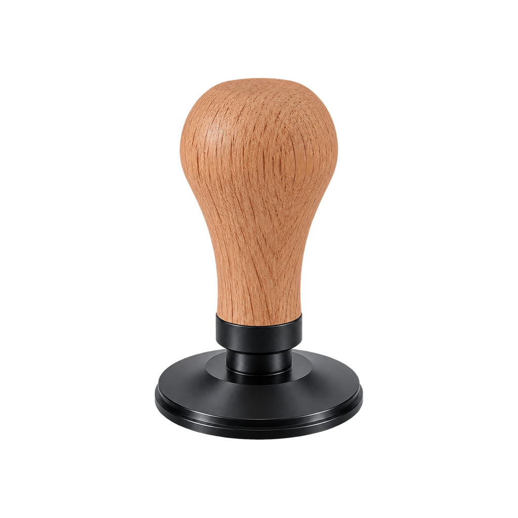 Normcore Spring-loaded Tamper V4 — Titanium PVD, Oak / 51mm / Flat Base; consistent elevated view, square transparent image