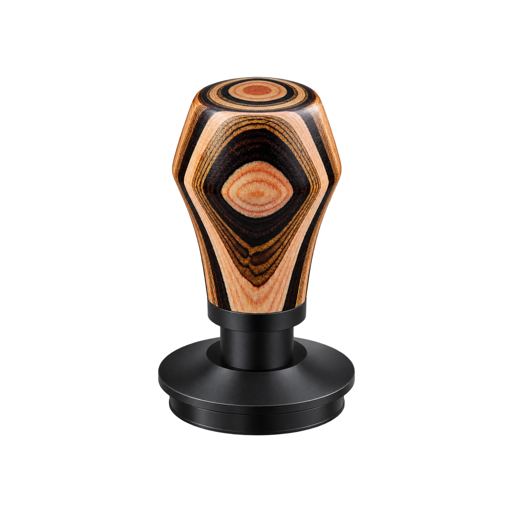 Normcore Spring-loaded Tamper V4 — Titanium PVD, Colourful Wood / 51mm / Flat Base, Titanium PVD, Colourful Wood / 51mm / Ripple Base, Titanium PVD, Colourful Wood / 53.3mm / Flat Base, Titanium PVD, Colourful Wood / 53.3mm / Ripple Base, Titanium PVD, Colourful Wood / 58.5mm / Flat Base, Titanium PVD, Colourful Wood / 58.5mm / Ripple Base, Titanium PVD, Colourful Wood / 45.5mm / Flat Base, Titanium PVD, Colourful Wood / 45.5mm / Ripple Base; consistent elevated view, square transparent image