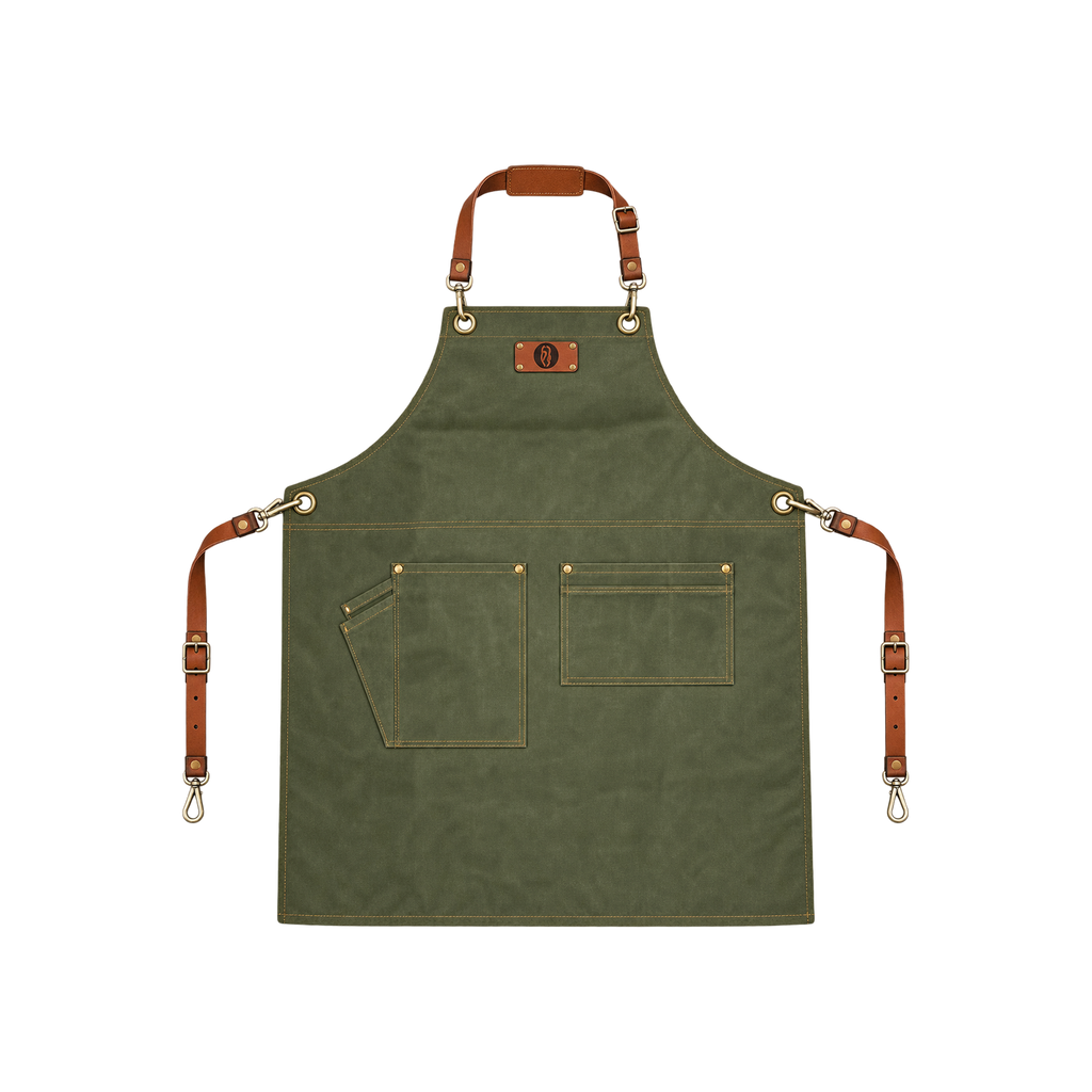 Barista Space Apron — Green; consistent elevated view, square transparent image
