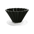 Origami Dripper M with Plastic Holder — Matte Black; consistent elevated view, square transparent image