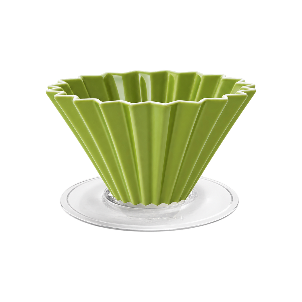 Origami Dripper M with Plastic Holder — Green; consistent elevated view, square transparent image