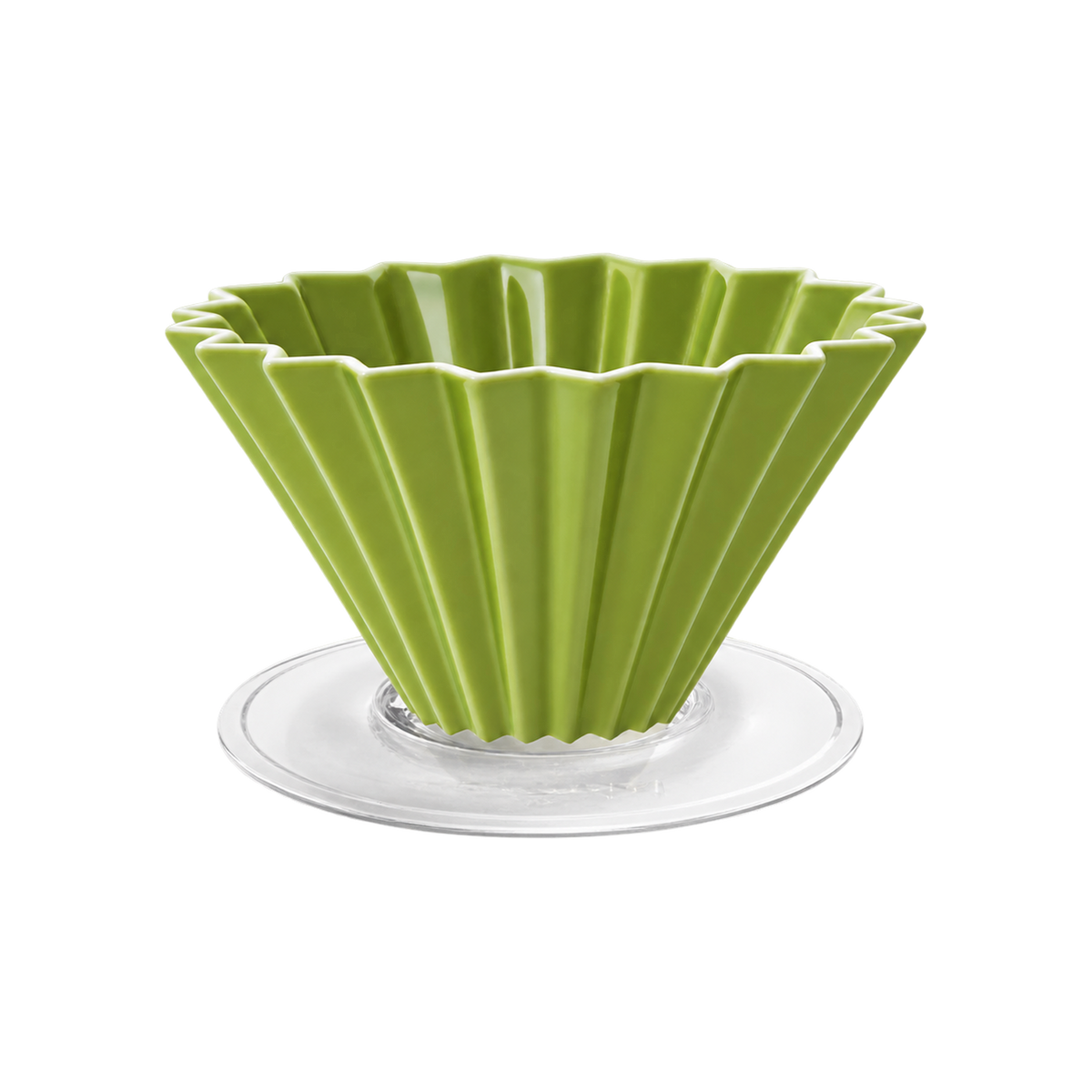 Origami Dripper M with Plastic Holder — Green; consistent elevated view, square transparent image