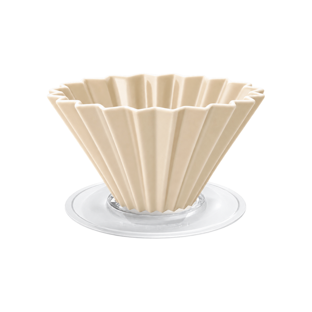 Origami Dripper M with Plastic Holder — Matte Beige; consistent elevated view, square transparent image