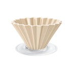 Origami Dripper M with Plastic Holder — Matte Beige; consistent elevated view, square transparent image