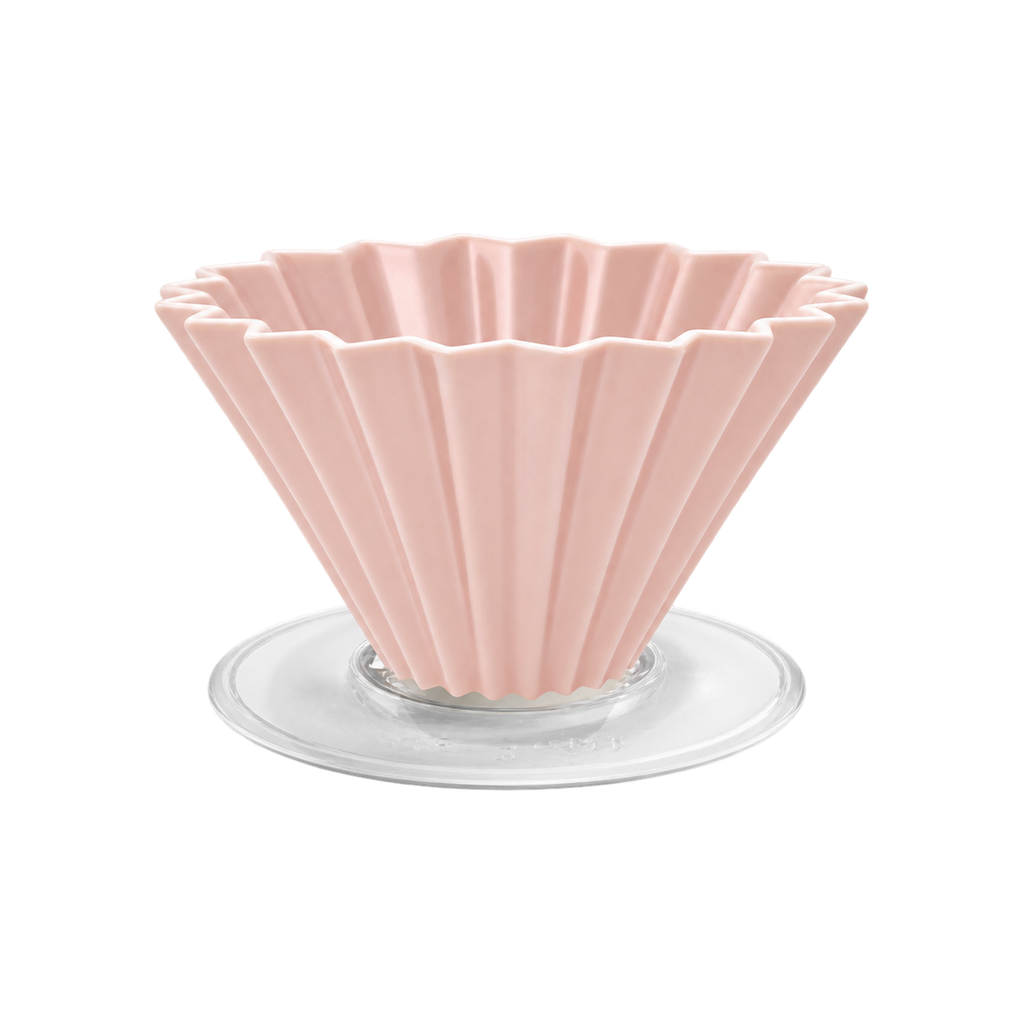Origami Dripper M with Plastic Holder — Matte Pink; consistent elevated view, square transparent image
