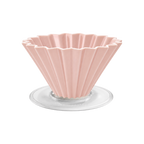 Origami Dripper M with Plastic Holder — Matte Pink; consistent elevated view, square transparent image