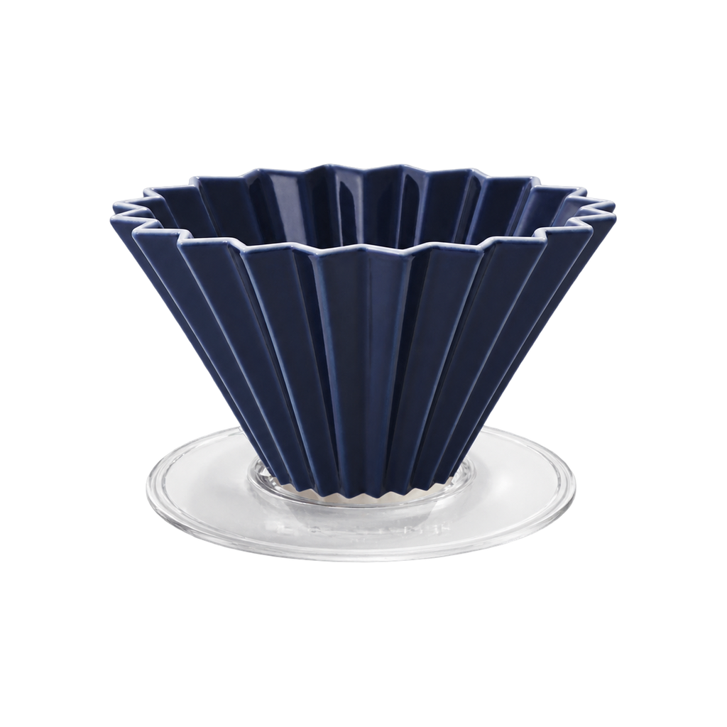 Origami Dripper M with Plastic Holder — Navy Blue; consistent elevated view, square transparent image