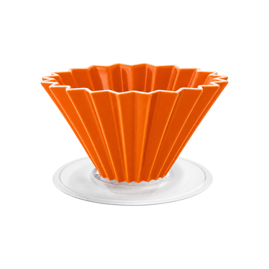 Origami Dripper M with Plastic Holder — Orange; consistent elevated view, square transparent image