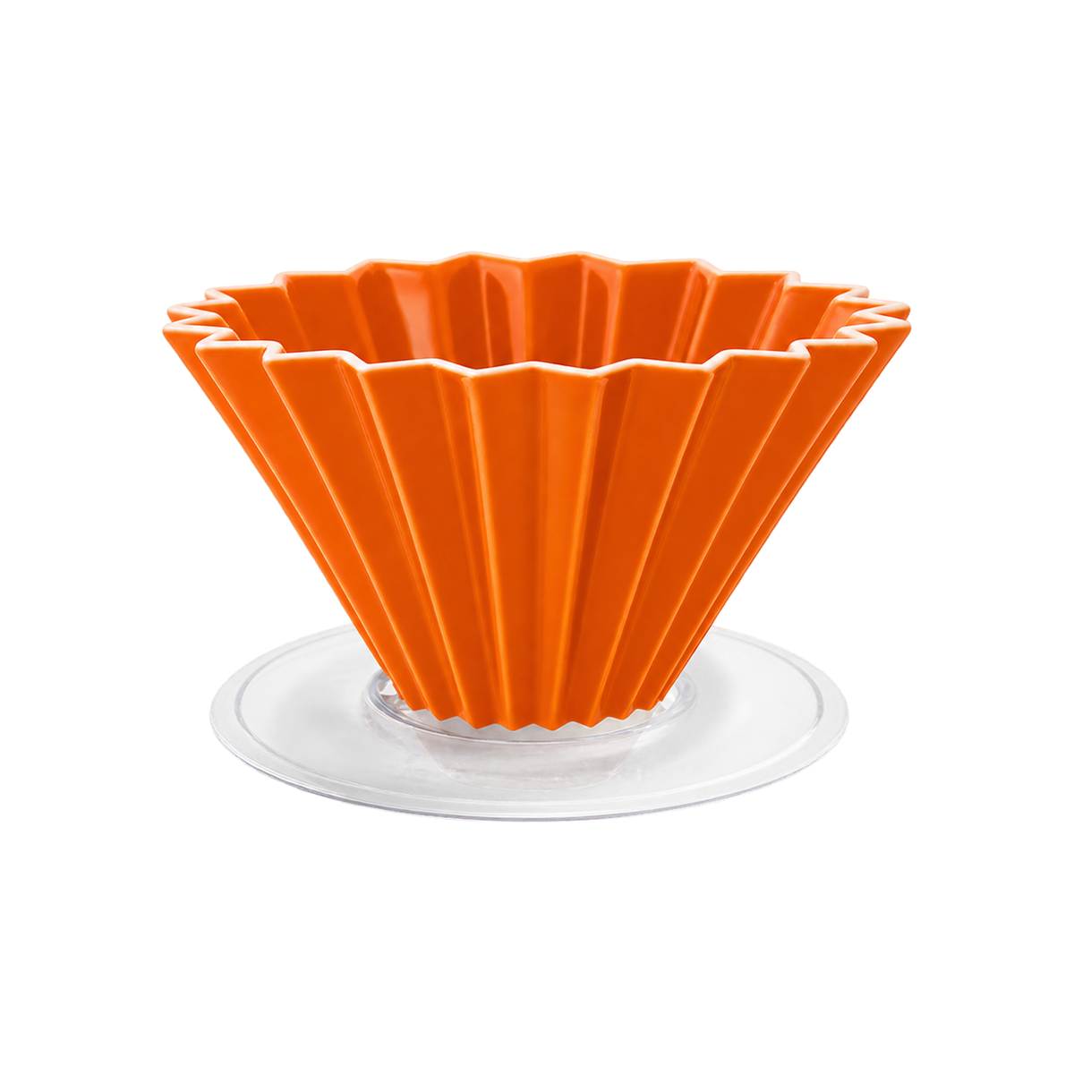 Origami Dripper M with Plastic Holder — Orange; consistent elevated view, square transparent image