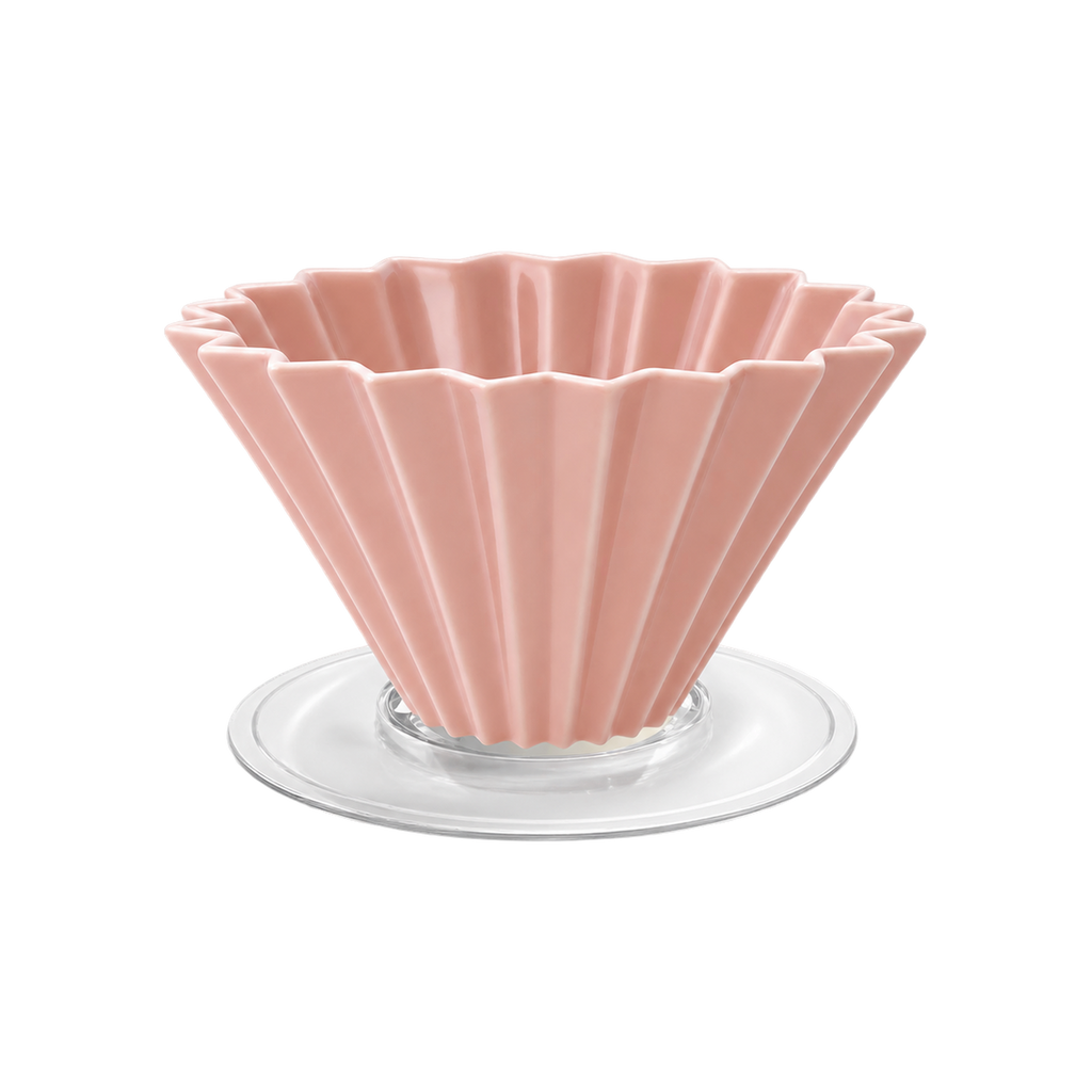 Origami Dripper M with Plastic Holder — Pink; consistent elevated view, square transparent image