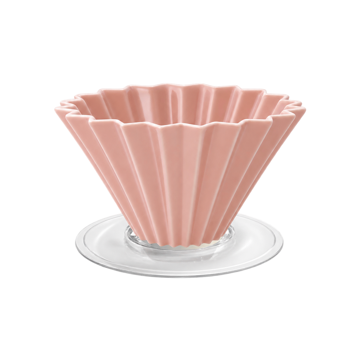 Origami Dripper M with Plastic Holder — Pink; consistent elevated view, square transparent image