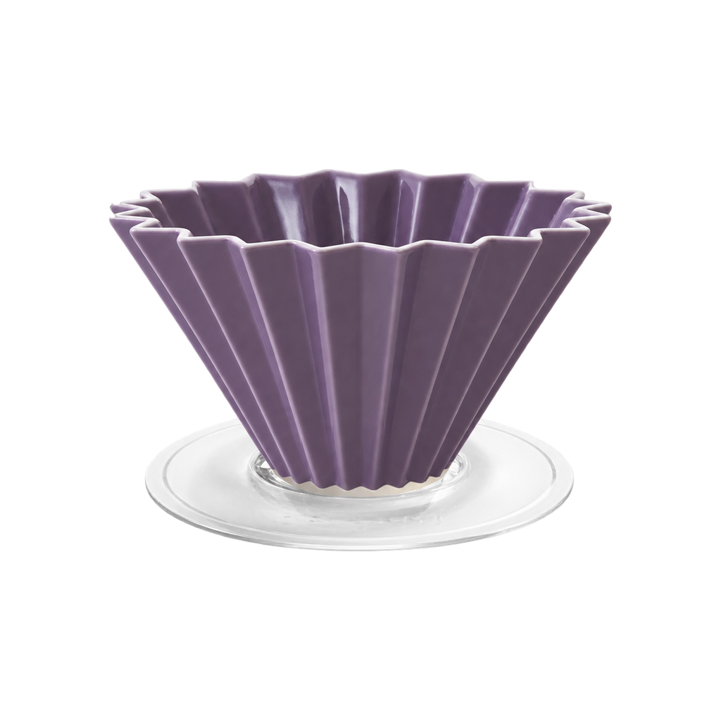 Origami Dripper M with Plastic Holder — Purple; consistent elevated view, square transparent image