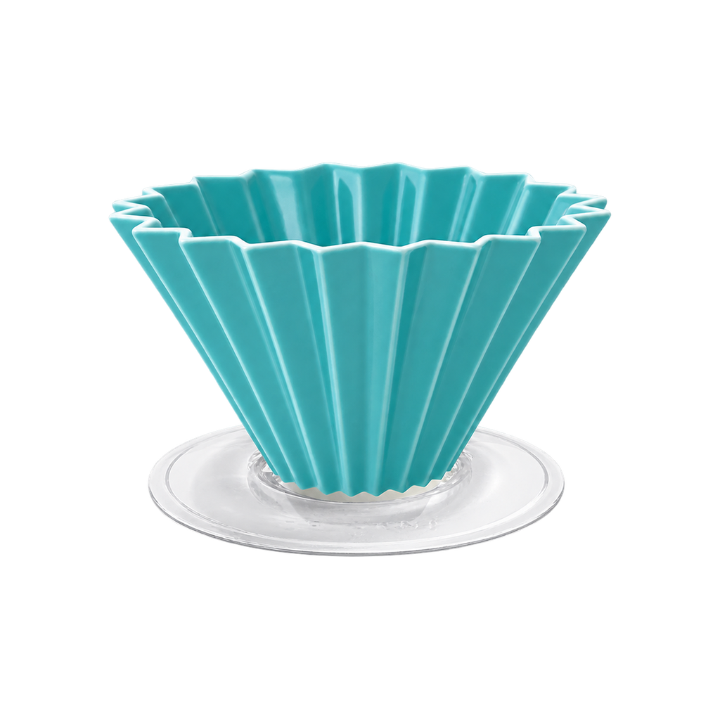 Origami Dripper M with Plastic Holder — Turquoise; consistent elevated view, square transparent image