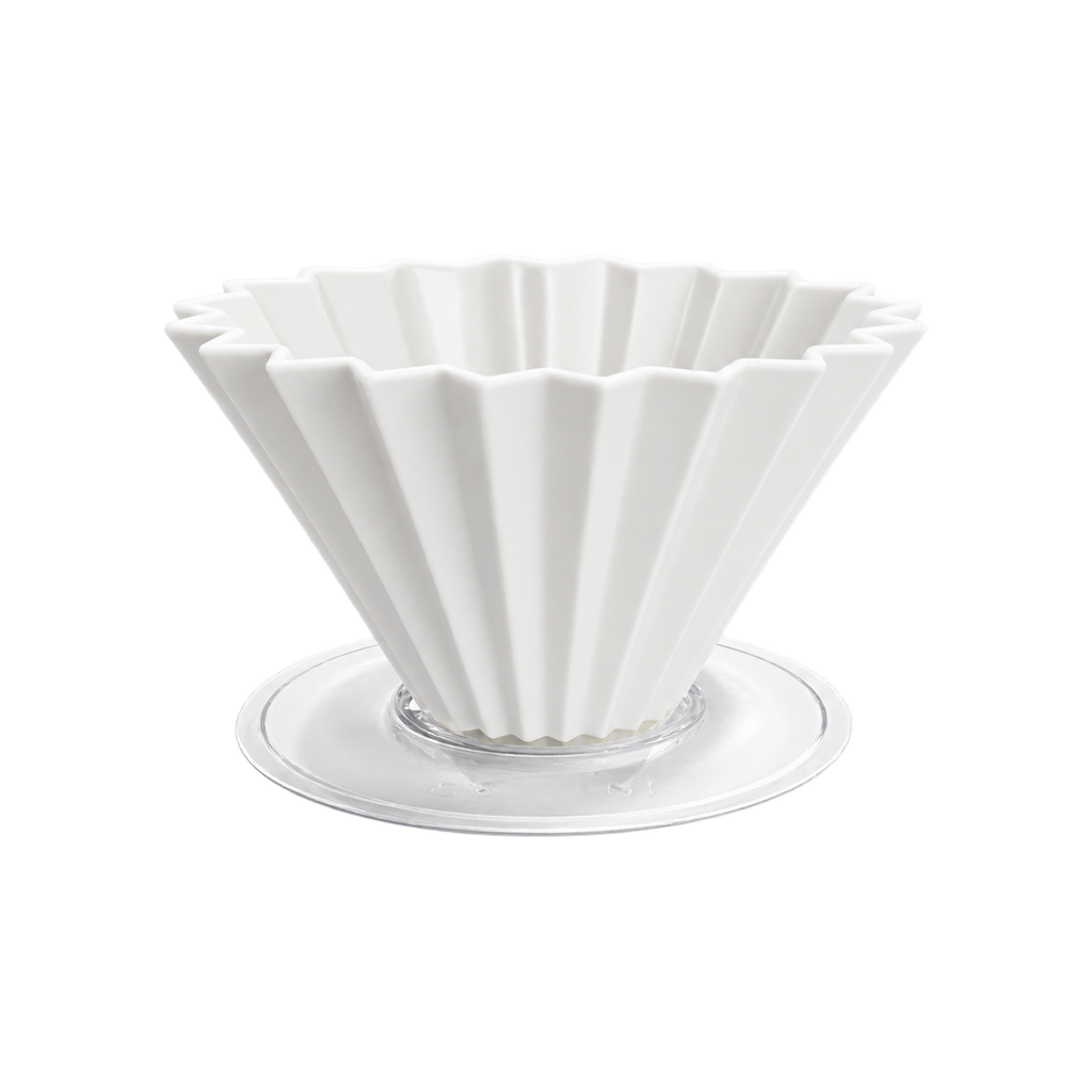Origami Dripper M with Plastic Holder — White; consistent elevated view, square transparent image