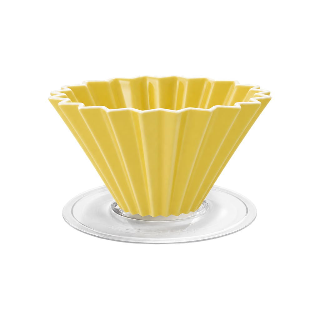 Origami Dripper M with Plastic Holder — Yellow; consistent elevated view, square transparent image