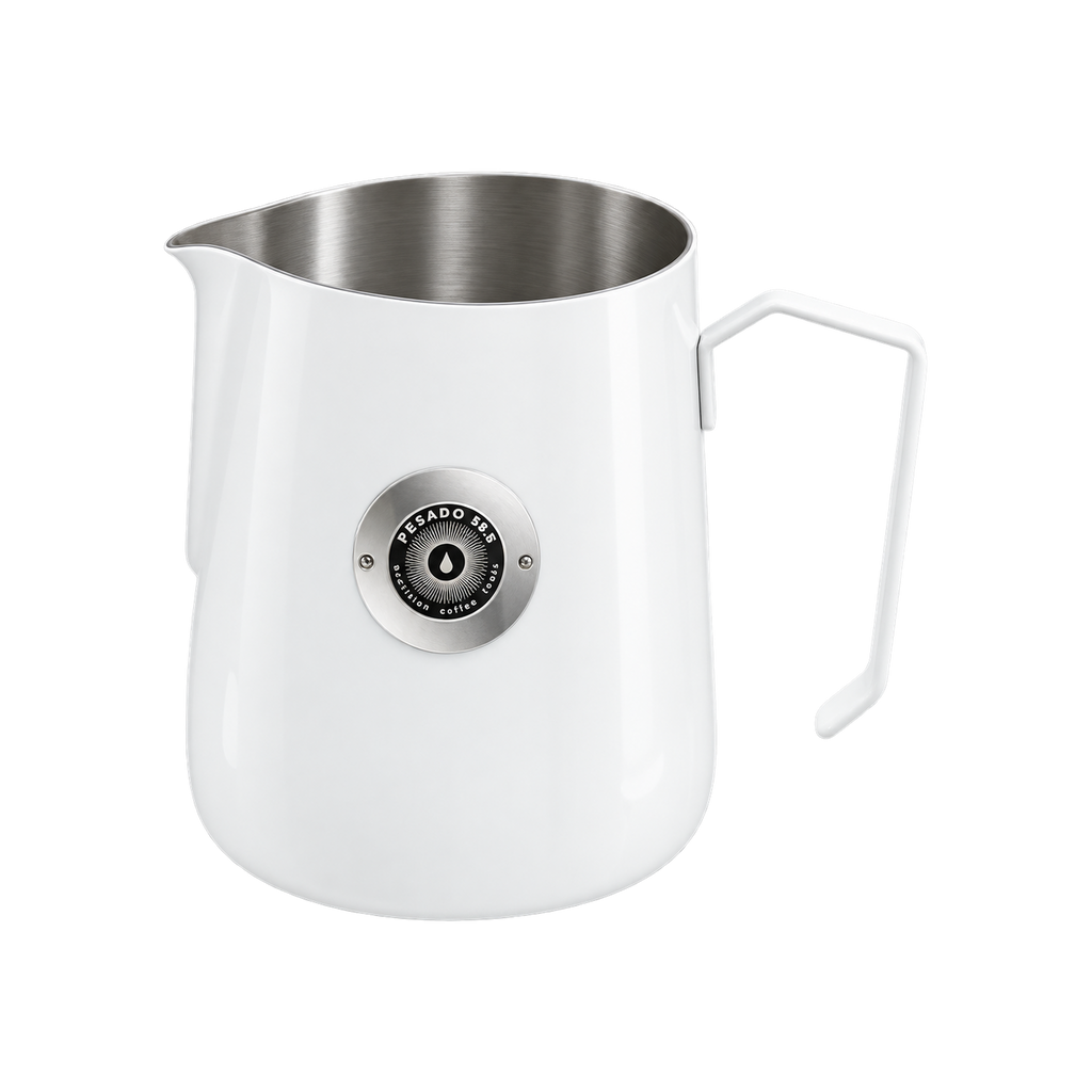 Pesado Milk Jug 490ml — White - Round Spout; consistent elevated view, square transparent image