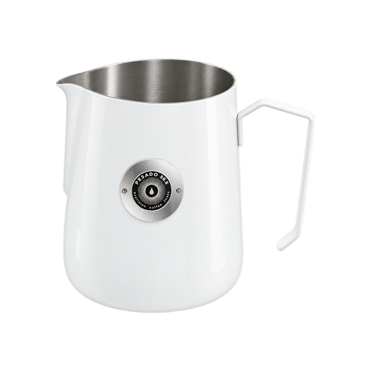 Pesado Milk Jug 490ml — White - Round Spout; consistent elevated view, square transparent image