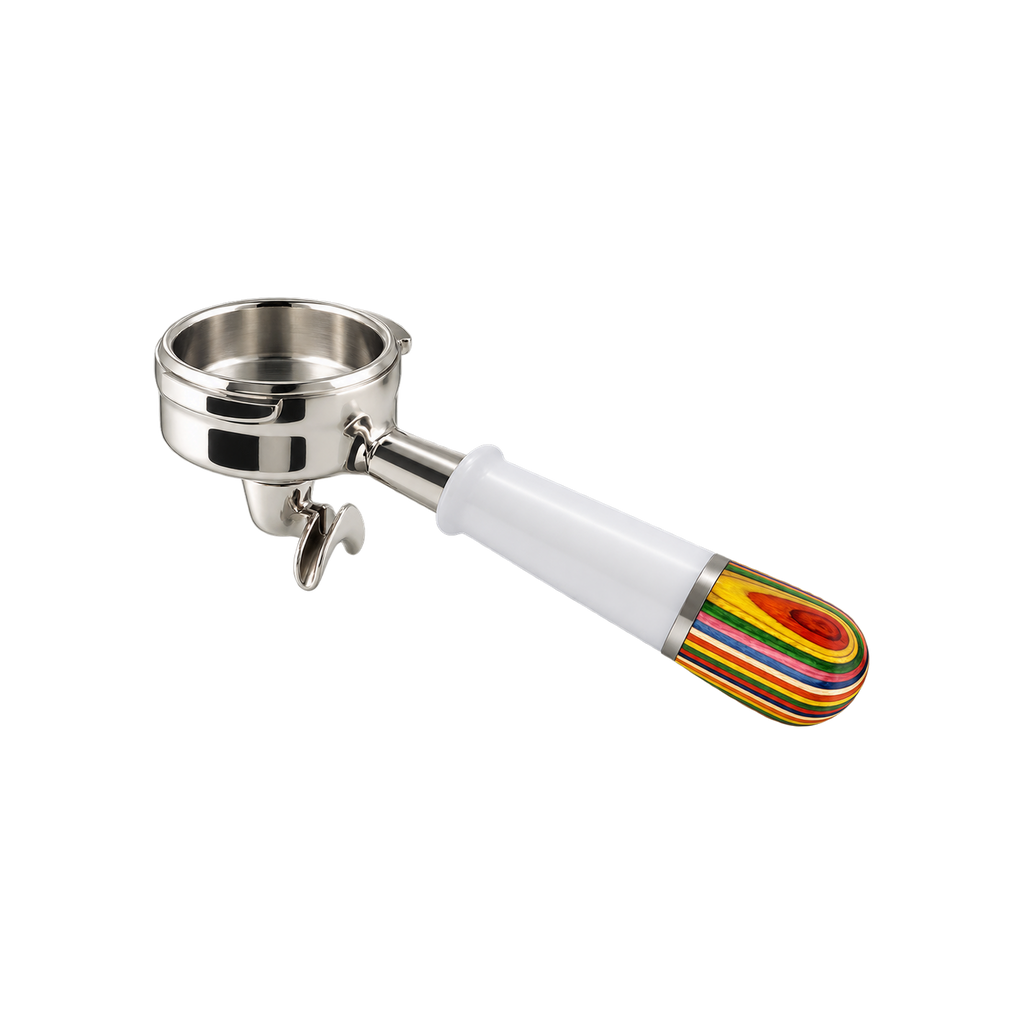 Pesado Spouted Portafilter — White Iris; consistent elevated view, square transparent image