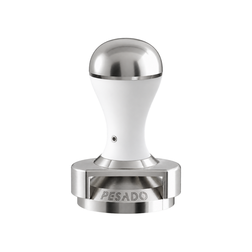 Pesado Tamper w/ Depth Adjuster 58.5mm — White & Silver; consistent elevated view, square transparent image