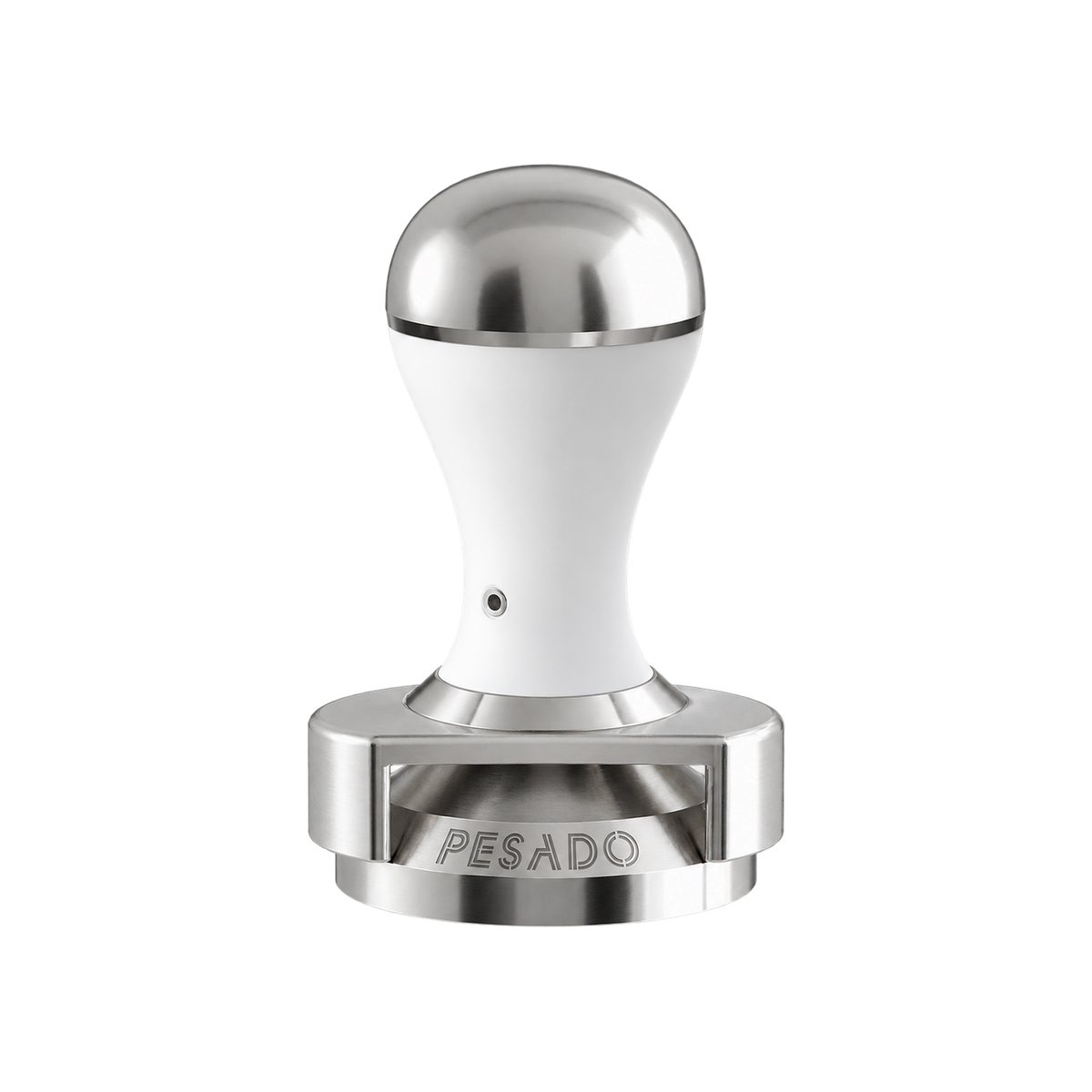 Pesado Tamper w/ Depth Adjuster 58.5mm — White & Silver; consistent elevated view, square transparent image
