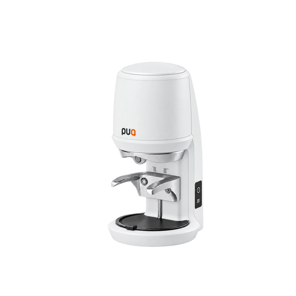 PuqPress - PRO Precision Automatic Tamper - Matt White, 58.3mm, UK Plug — White; consistent elevated view, square transparent image