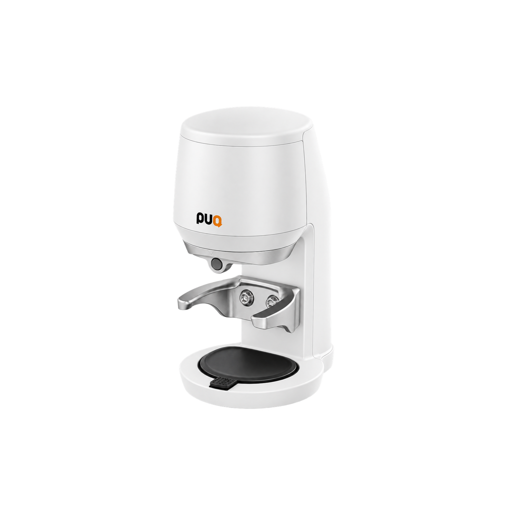 Puqpress Mini Gen 6 Automatic Tamper — White; consistent elevated view, square transparent image