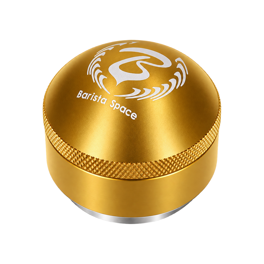 Barista Space Distribution Tool 58mm — Golden; consistent elevated view, square transparent image