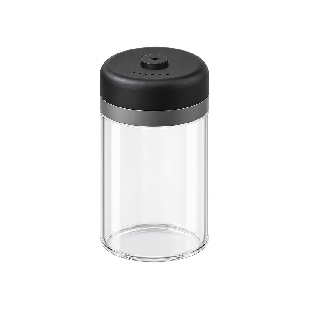 SHELBRU Canister Glass 800ml — Black; consistent elevated view, square transparent image