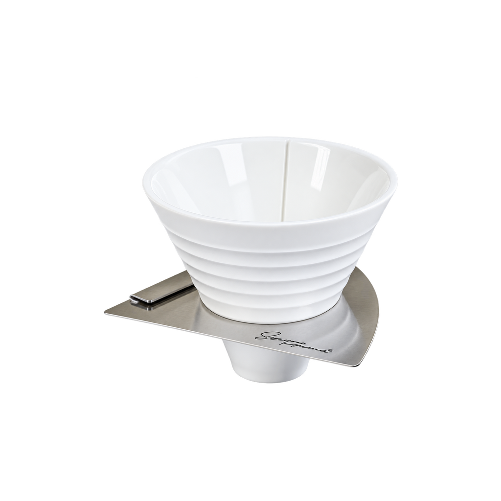 Suprima Instruments - SD1R Dripper with Ruler — Alba; consistent elevated view, square transparent image
