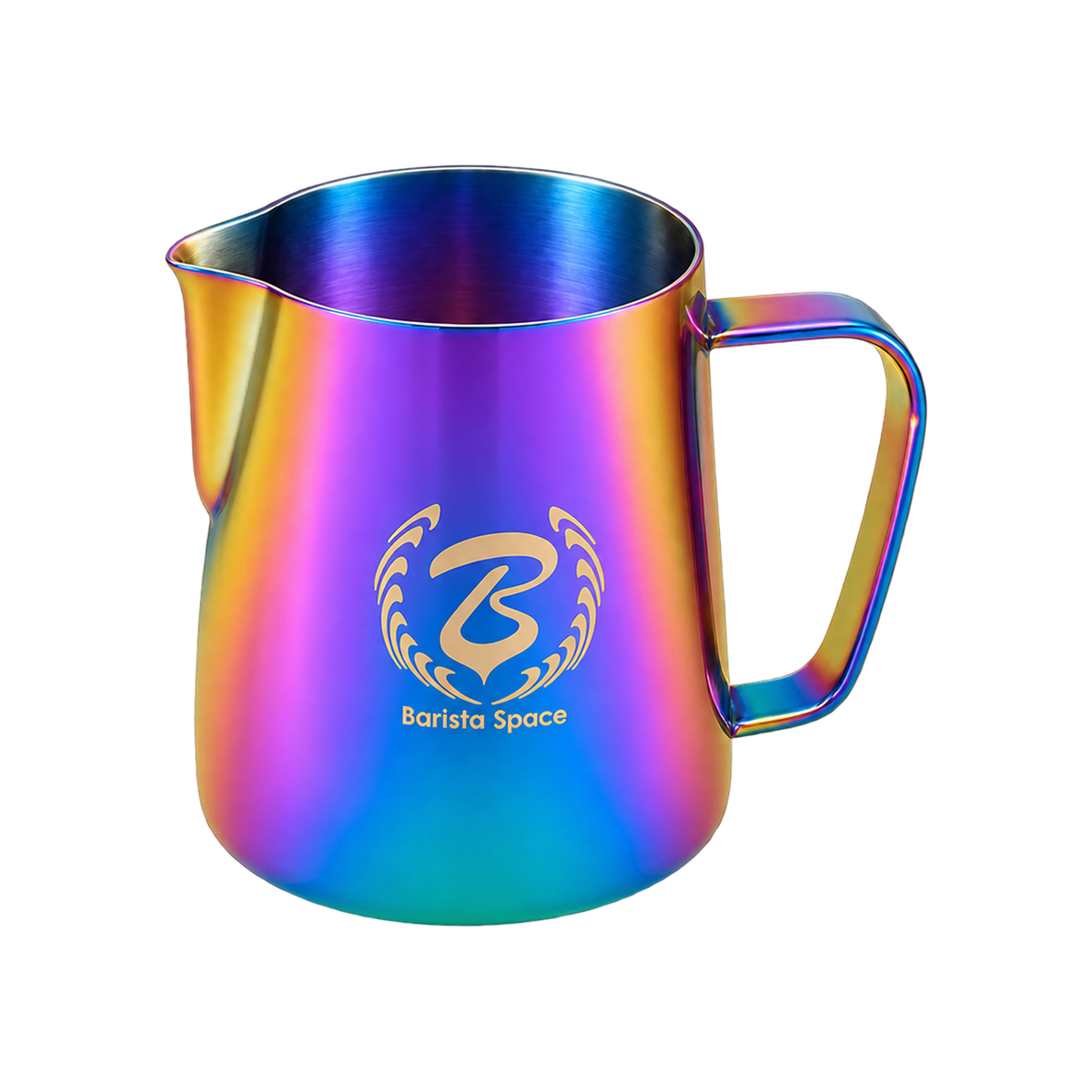 Barista Space Pitcher 350ml — Rainbow; consistent elevated angle, square transparent image