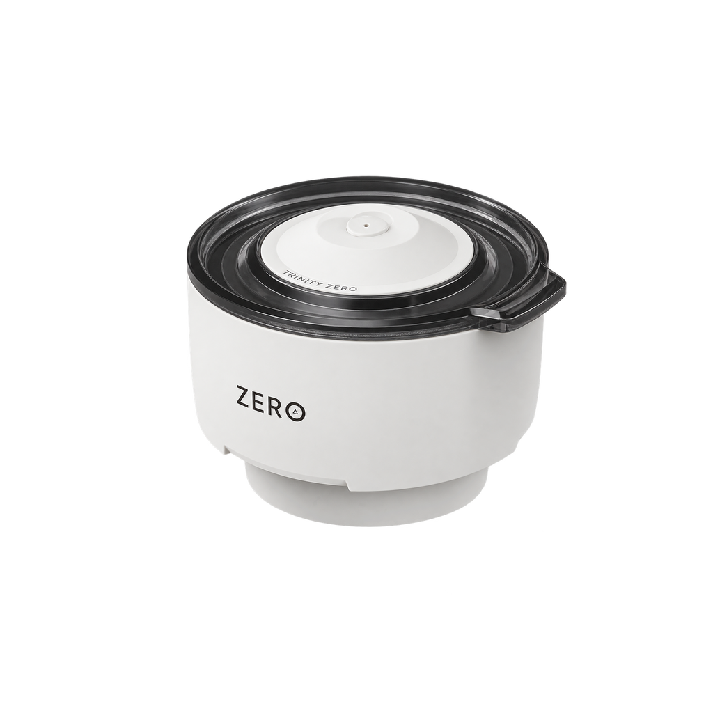 Trinity Zero Coffee Press 8oz — Wjite; consistent elevated view, square transparent image