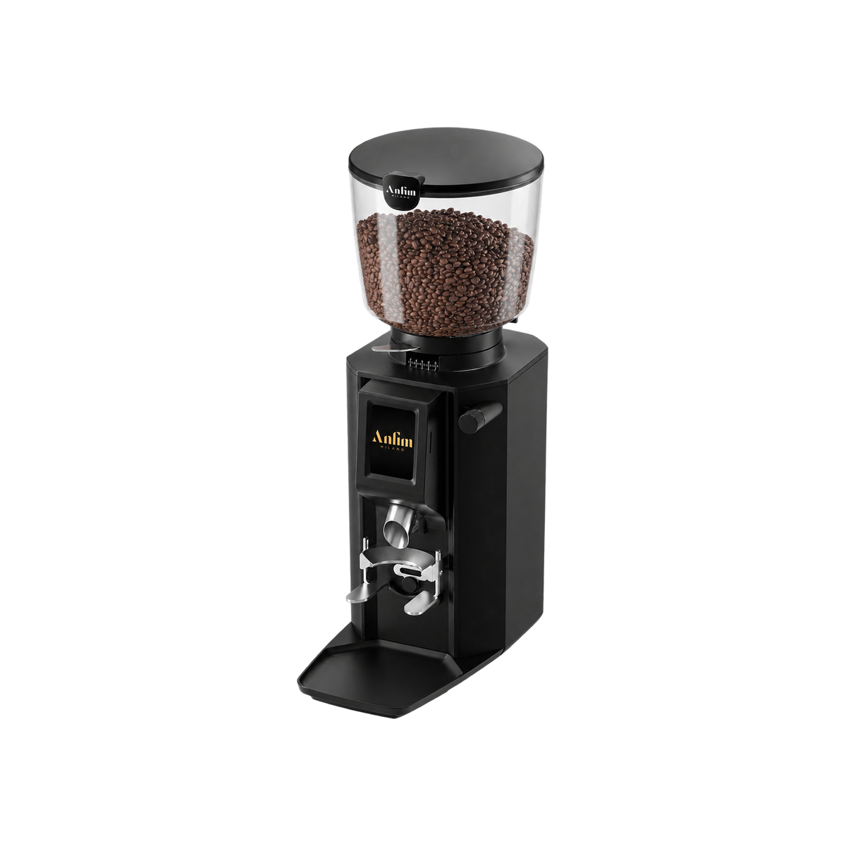 Anfim Luna Coffee Grinder — Black; consistent elevated view, square transparent image