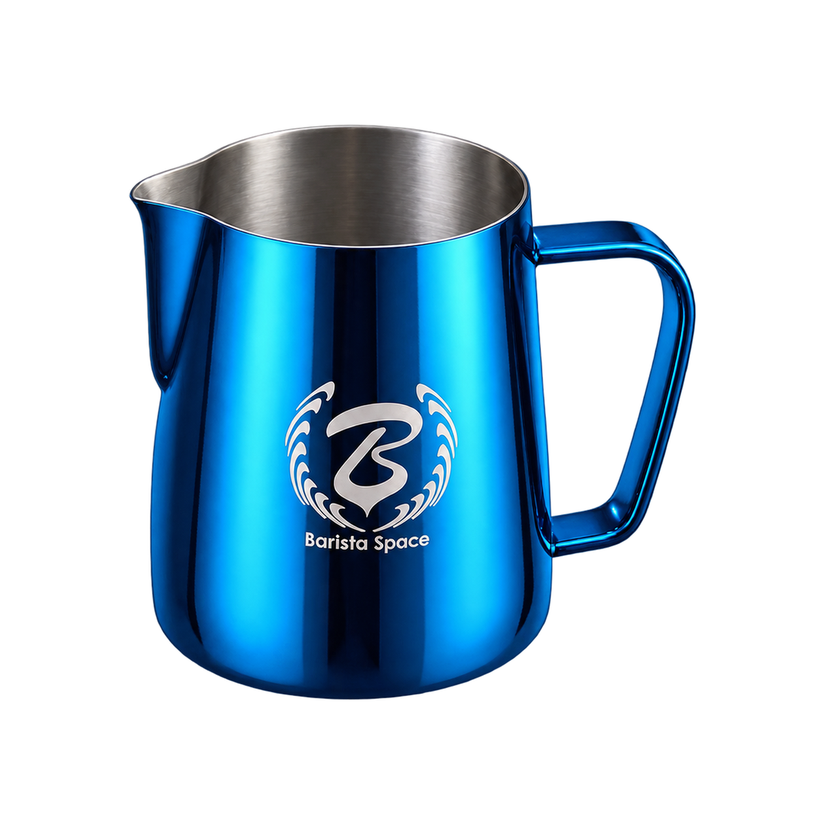 Barista Space Pitcher 350ml — Blue; consistent elevated angle, square transparent image