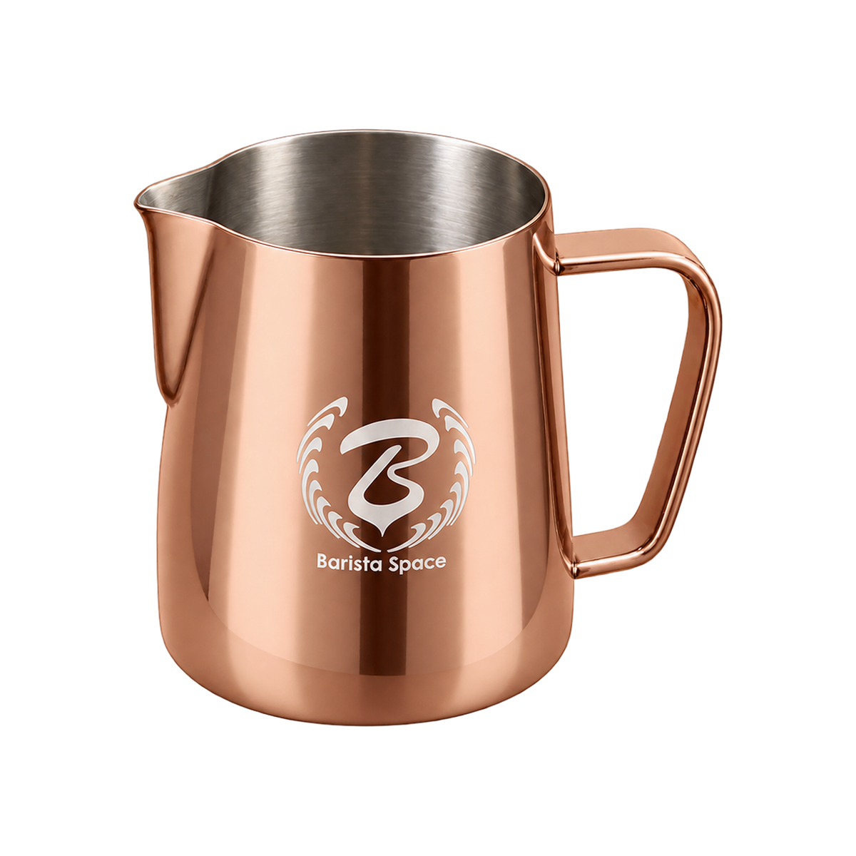 Barista Space Pitcher 350ml — Rose Golden; consistent elevated angle, square transparent image
