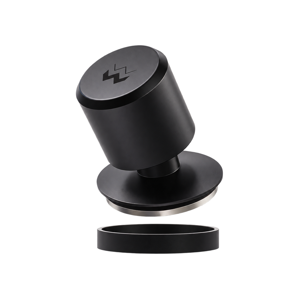 Weber Workshops Really Nice Tamper — Black; consistent elevated view, square transparent image