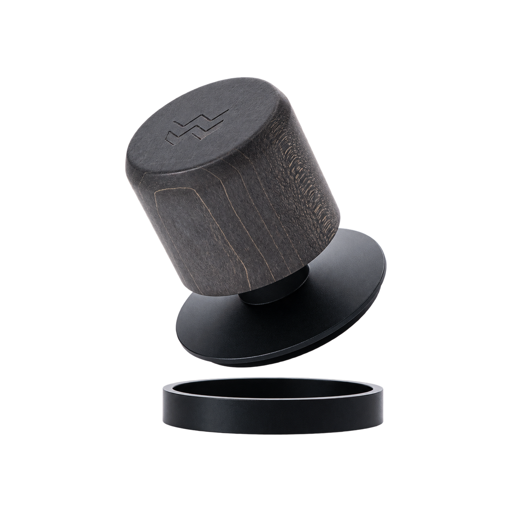Weber Workshops Really Nice Tamper — Maple Onyx; consistent elevated view, square transparent image