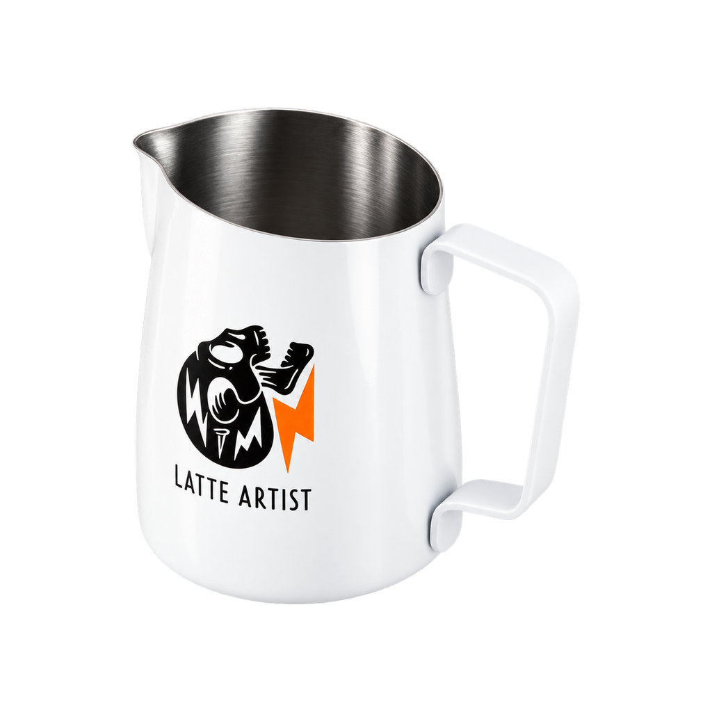 WPM #06 Round Spout Pitcher - "Latte Art With Soul" — White; consistent elevated view, square transparent image