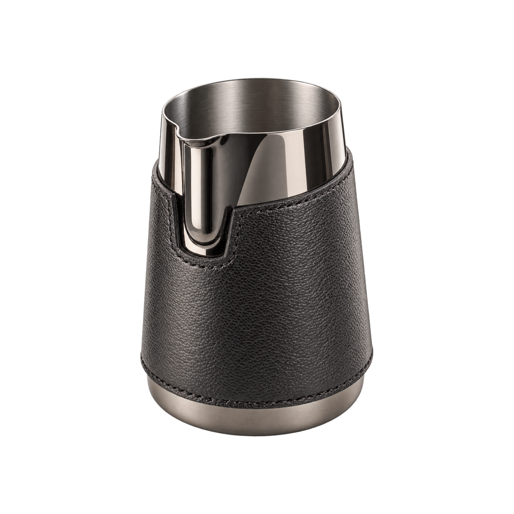 WPM #06 Round Spout Pitcher - Handleless Limited Edition — Titanium Black Leather Sleeve; consistent elevated view, square transparent image