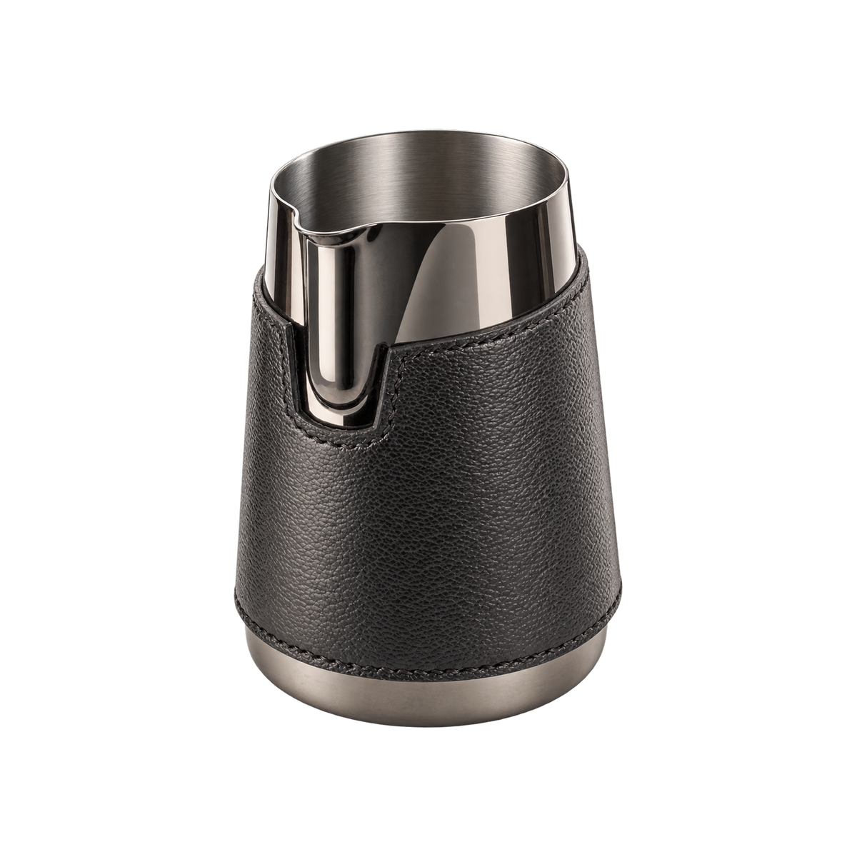 WPM #06 Round Spout Pitcher - Handleless Limited Edition — Titanium Black Leather Sleeve; consistent elevated view, square transparent image