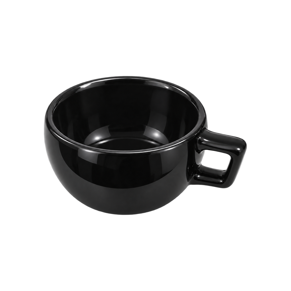 WPM 8oz Latte Art Cup — Black; consistent elevated view, square transparent image