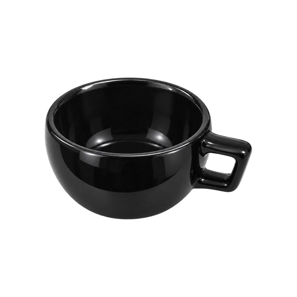 WPM 8oz Latte Art Cup — Black; consistent elevated view, square transparent image